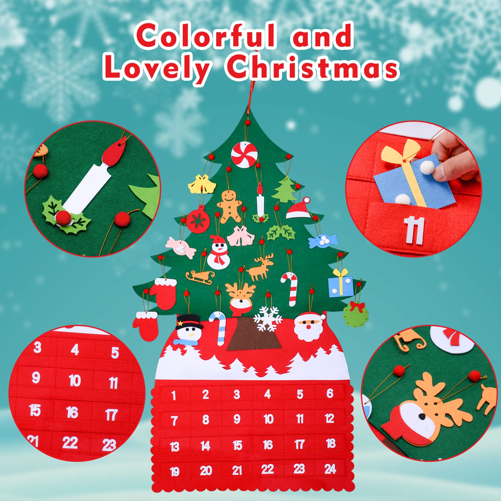 Christmas Tree Advent Calendar (2024 New), 24 Days Countdown to Christmas Felt Fabric Advent Calendar with 24 Ornaments & Pocket